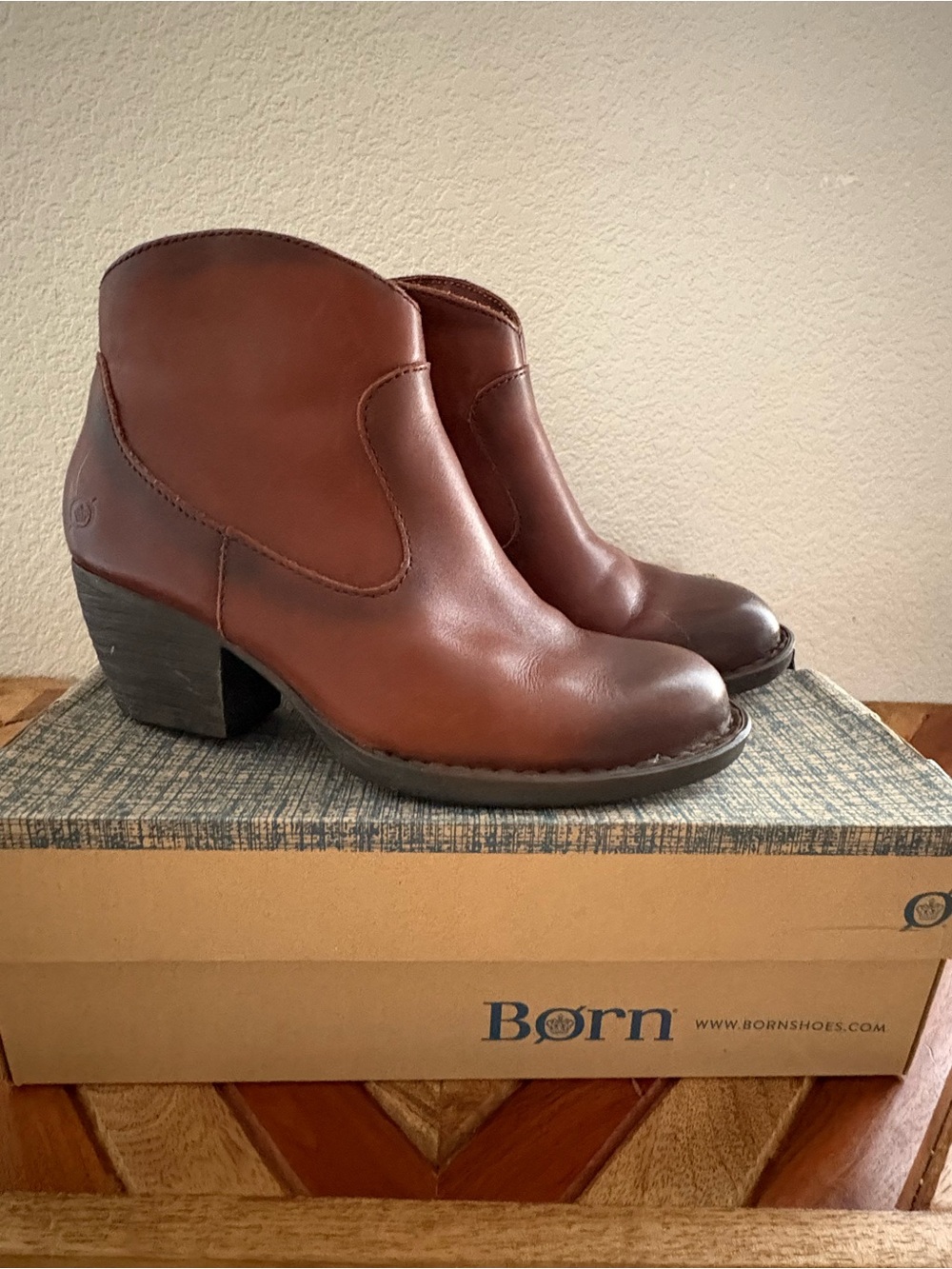 Born Brown Leather Ankle Booties with Stacked Heel